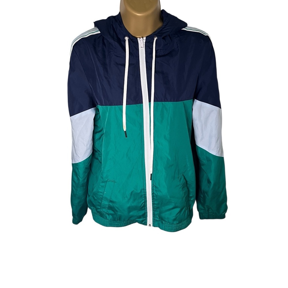 Zine Colorblock Windbreaker Jacket Retro Stripe Hooded Navy Green Small